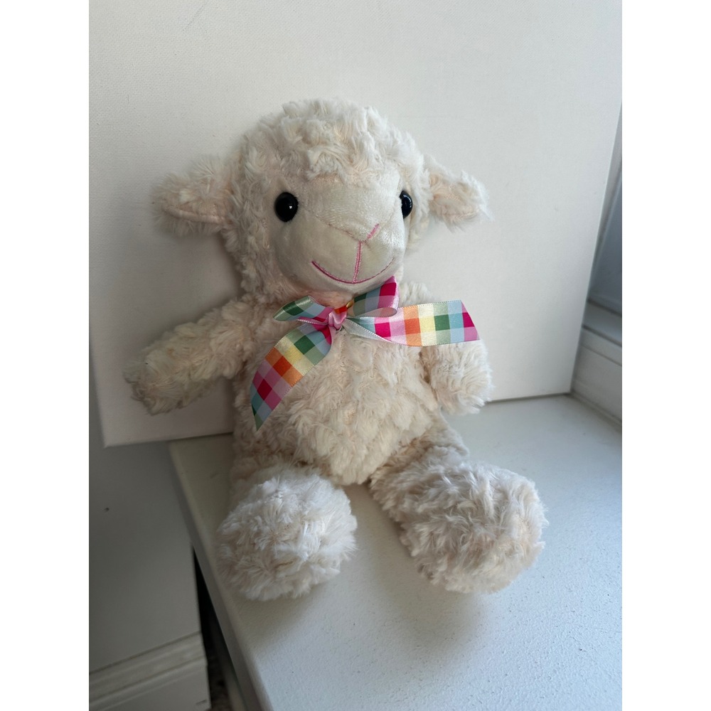 Dan Dee Collectors Choice Plush Lamb Cream Sheep Rainbow Plaid Bow 14 inch
